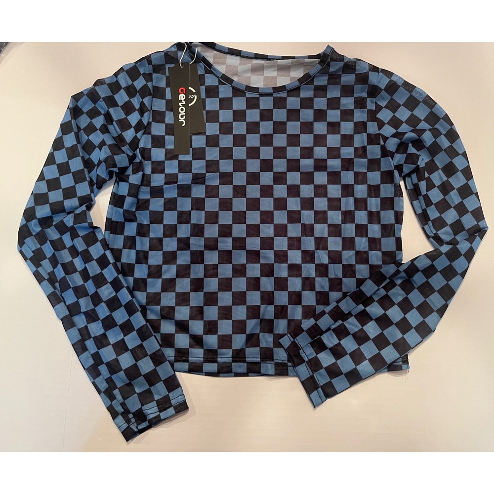 Long Sleeve Checkered Print Sexy See Thru Sheer Mesh‎ Tee Shirt Blue Black Sz XS